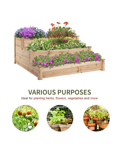 Outsunny 470L Raised Garden Bed, 3-Tier Planter Kit, Elevated Wooden Planters for Garden, Yard & Patio, 124 x 124 x 56 cm