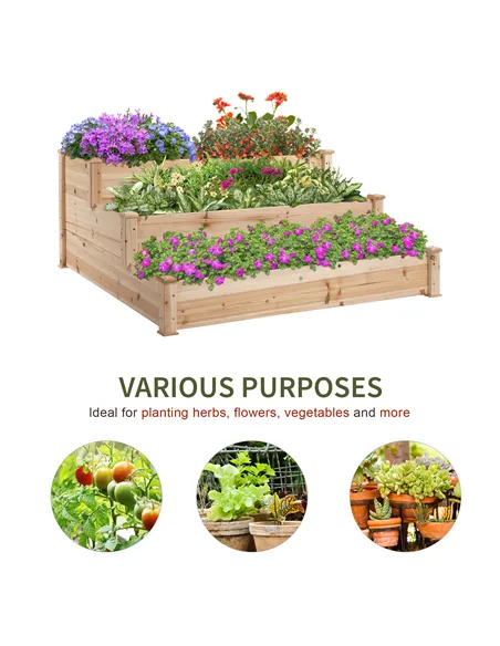 Outsunny 470L Raised Garden Bed, 3-Tier Planter Kit, Elevated Wooden Planters for Garden, Yard & Patio, 124 x 124 x 56 cm