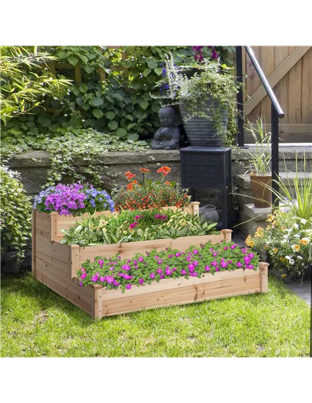 Outsunny 470L Raised Garden Bed, 3-Tier Planter Kit, Elevated Wooden Planters for Garden, Yard & Patio, 124 x 124 x 56 cm