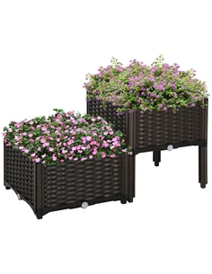 Outsunny Set of 2 26L Garden Raised Bed Elevated Patio Flower Plant Planter Box PP Vegetables Planting Container, Brown