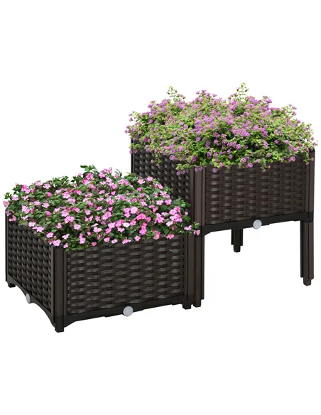 Outsunny Set of 2 26L Garden Raised Bed Elevated Patio Flower Plant Planter Box PP Vegetables Planting Container, Brown