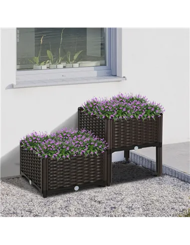 Outsunny Set of 2 26L Garden Raised Bed Elevated Patio Flower Plant Planter Box PP Vegetables Planting Container, Brown
