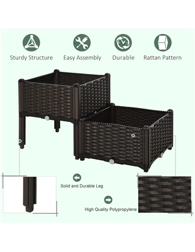 Outsunny Set of 2 26L Garden Raised Bed Elevated Patio Flower Plant Planter Box PP Vegetables Planting Container, Brown