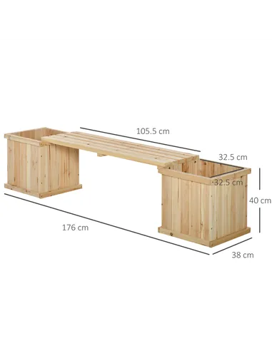 Outsunny 37L Wooden Garden Planter & Bench Combination Garden Raised Bed Patio Park Natural 176 x 38 x 40 cm