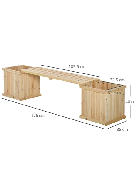 Outsunny 37L Wooden Garden Planter & Bench Combination Garden Raised Bed Patio Park Natural 176 x 38 x 40 cm