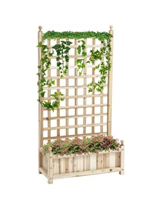 Outsunny Garden Planters with Trellis for Climbing Vines, Wood Raised Beds for Garden, Flower Pot, Indoor Outdoor, Natural