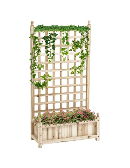 Outsunny Garden Planters with Trellis for Climbing Vines, Wood Raised Beds for Garden, Flower Pot, Indoor Outdoor, Natural