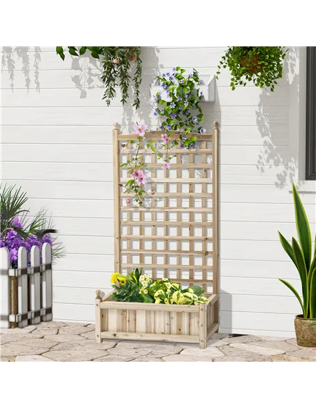 Outsunny Garden Planters with Trellis for Climbing Vines, Wood Raised Beds for Garden, Flower Pot, Indoor Outdoor, Natural
