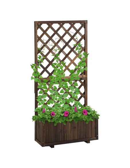Outsunny 72.5 x 31.5 x 149.5 cm 45L Garden Wooden Pine Trough Planter with Topped Trellis Climbing Plants Flower Raised Bed, Car
