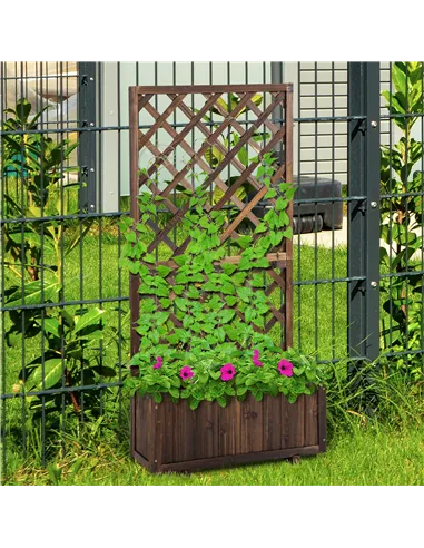 Outsunny 72.5 x 31.5 x 149.5 cm 45L Garden Wooden Pine Trough Planter with Topped Trellis Climbing Plants Flower Raised Bed, Car