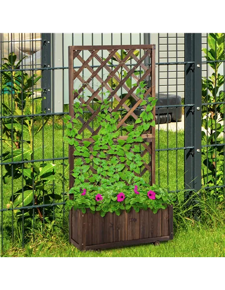 Outsunny 72.5 x 31.5 x 149.5 cm 45L Garden Wooden Pine Trough Planter with Topped Trellis Climbing Plants Flower Raised Bed, Car