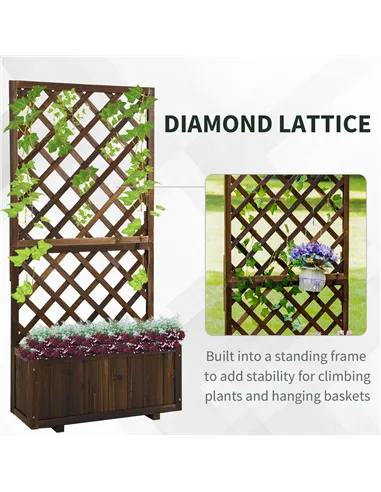 Outsunny 72.5 x 31.5 x 149.5 cm 45L Garden Wooden Pine Trough Planter with Topped Trellis Climbing Plants Flower Raised Bed, Car