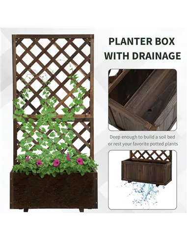 Outsunny 72.5 x 31.5 x 149.5 cm 45L Garden Wooden Pine Trough Planter with Topped Trellis Climbing Plants Flower Raised Bed, Car