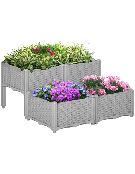 Outsunny Set of 4 26L Garden Raised Bed Elevated Patio Flower Plant Planter Box PP Vegetables Planting Container, Grey