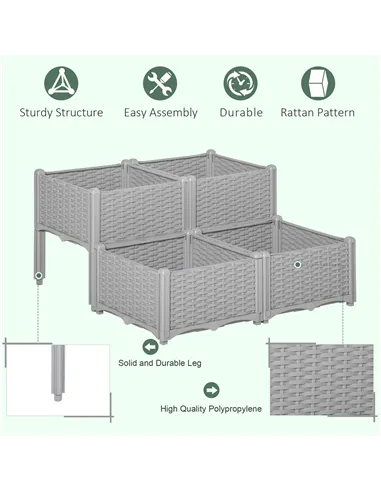 Outsunny Set of 4 26L Garden Raised Bed Elevated Patio Flower Plant Planter Box PP Vegetables Planting Container, Grey