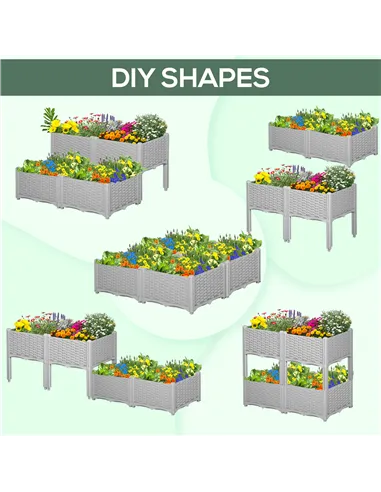 Outsunny Set of 4 26L Garden Raised Bed Elevated Patio Flower Plant Planter Box PP Vegetables Planting Container, Grey