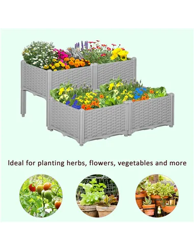 Outsunny Set of 4 26L Garden Raised Bed Elevated Patio Flower Plant Planter Box PP Vegetables Planting Container, Grey