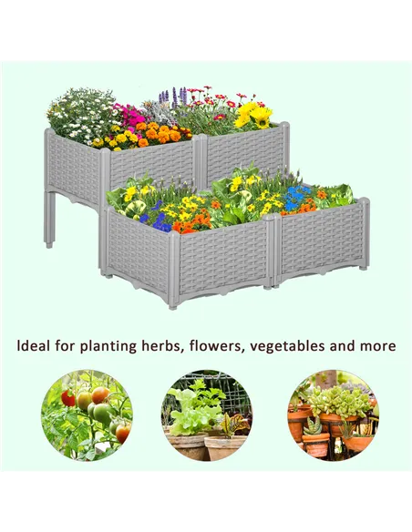 Outsunny Set of 4 26L Garden Raised Bed Elevated Patio Flower Plant Planter Box PP Vegetables Planting Container, Grey