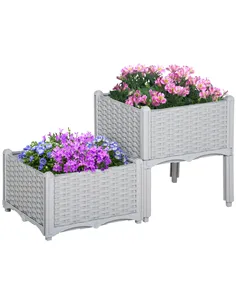 Outsunny Set of Two Rattan-Effect Planters - Grey