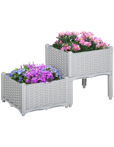 Outsunny Set of Two Rattan-Effect Planters - Grey