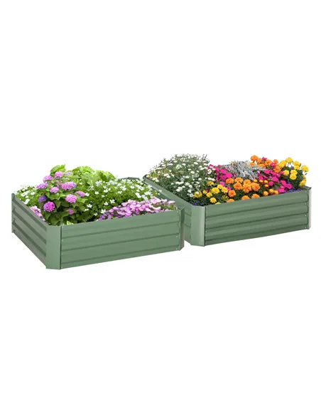 Outsunny Set of 2 291L Raised Garden Bed, Elevated Galvanised Planter Box for Flowers, Herbs, 100x100x30cm, Green