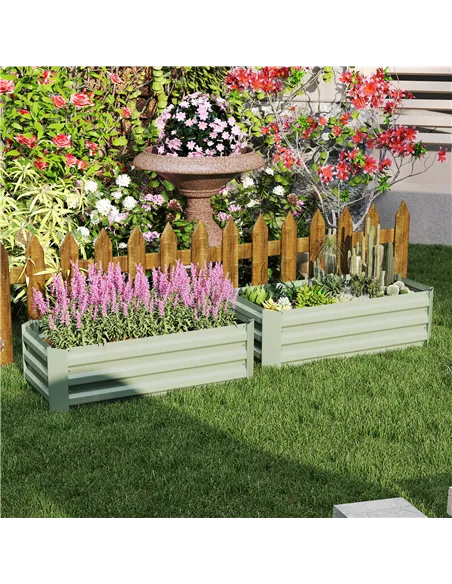 Outsunny Set of 2 291L Raised Garden Bed, Elevated Galvanised Planter Box for Flowers, Herbs, 100x100x30cm, Green