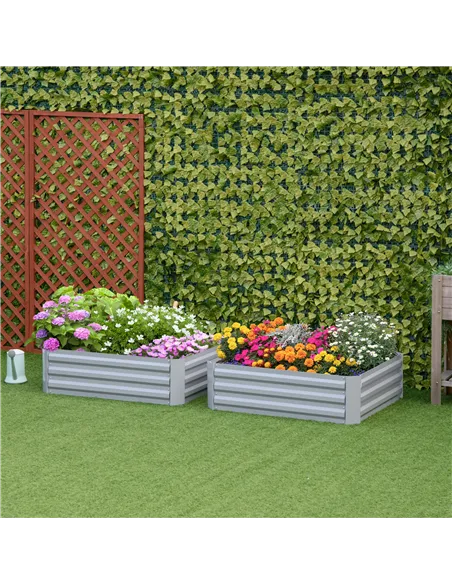 Outsunny Set of 2 291L Raised Garden Bed, Elevated Galvanised Planter Box for Flowers, Herbs, 100x100x30cm, Grey