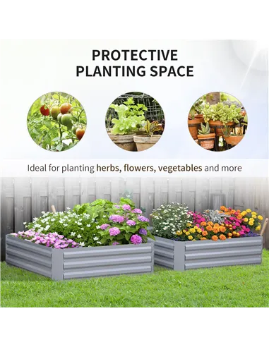 Outsunny Set of 2 291L Raised Garden Bed, Elevated Galvanised Planter Box for Flowers, Herbs, 100x100x30cm, Grey