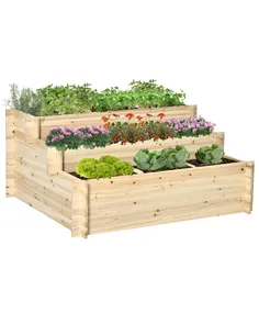 Outsunny 117cm x 100cm x 54cm 3 Tier Raised Garden Bed 376L Fir Wood Elevated Planter Flower Box with 9 Grow Grids and Non-woven
