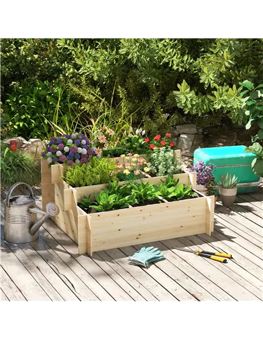 Outsunny 117cm x 100cm x 54cm 3 Tier Raised Garden Bed 376L Fir Wood Elevated Planter Flower Box with 9 Grow Grids and Non-woven