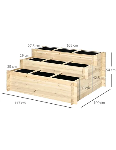 Outsunny 117cm x 100cm x 54cm 3 Tier Raised Garden Bed 376L Fir Wood Elevated Planter Flower Box with 9 Grow Grids and Non-woven