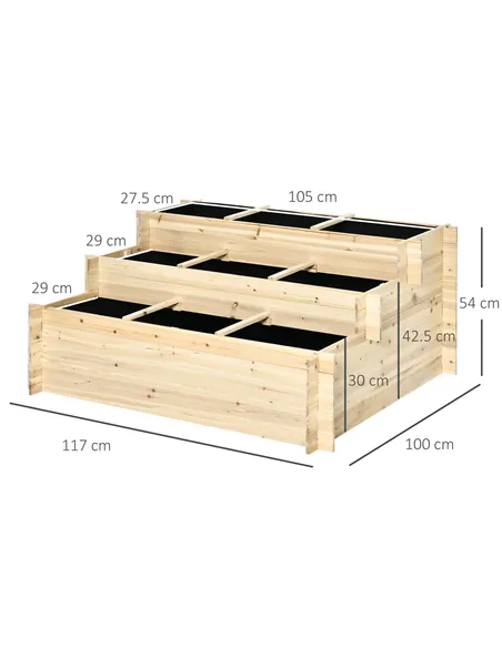 Outsunny 117cm x 100cm x 54cm 3 Tier Raised Garden Bed 376L Fir Wood Elevated Planter Flower Box with 9 Grow Grids and Non-woven
