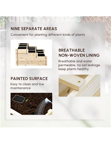 Outsunny 117cm x 100cm x 54cm 3 Tier Raised Garden Bed 376L Fir Wood Elevated Planter Flower Box with 9 Grow Grids and Non-woven