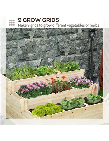 Outsunny 117cm x 100cm x 54cm 3 Tier Raised Garden Bed 376L Fir Wood Elevated Planter Flower Box with 9 Grow Grids and Non-woven