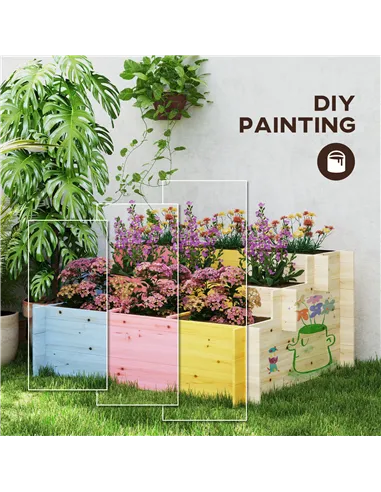 Outsunny 117cm x 100cm x 54cm 3 Tier Raised Garden Bed 376L Fir Wood Elevated Planter Flower Box with 9 Grow Grids and Non-woven