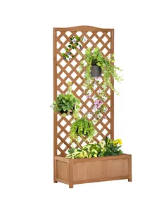 Outsunny 53L Garden Wooden Planter Box with Trellis Free Standing Flower Raised Bed with Lattice for Climbing Plants, 76cm x 36c