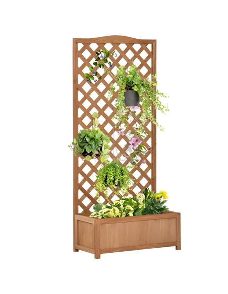 Outsunny 53L Garden Wooden Planter Box with Trellis Free Standing Flower Raised Bed with Lattice for Climbing Plants, 76cm x 36c