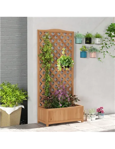 Outsunny 53L Garden Wooden Planter Box with Trellis Free Standing Flower Raised Bed with Lattice for Climbing Plants, 76cm x 36c