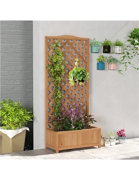 Outsunny 53L Garden Wooden Planter Box with Trellis Free Standing Flower Raised Bed with Lattice for Climbing Plants, 76cm x 36c