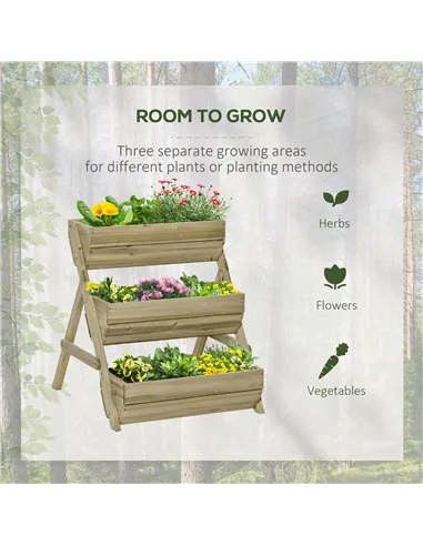 Outsunny 3 Tier Raised Garden Bed Wooden Elevated Planter Box Kit, 66L for Flower, Vegetable, Herb, 65x75x78cm, Green