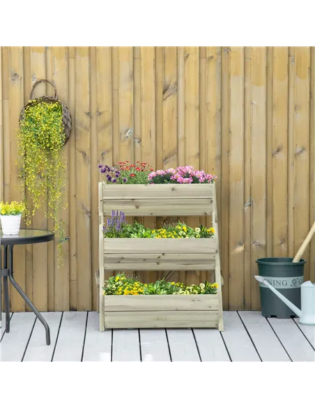Outsunny 3 Tier Raised Garden Bed Wooden Elevated Planter Box Kit, 66L for Flower, Vegetable, Herb, 65x75x78cm, Green