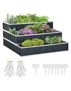 Outsunny 3 Tier Raised Garden Bed, Metal Elevated Planer Box Kit Flower Pot w/ A Pairs of Glove for Garden, Patio to Grow Vegeta