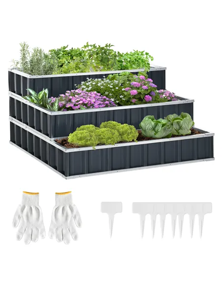 Outsunny 3 Tier Raised Garden Bed, Metal Elevated Planer Box Kit Flower Pot w/ A Pairs of Glove for Garden, Patio to Grow Vegeta