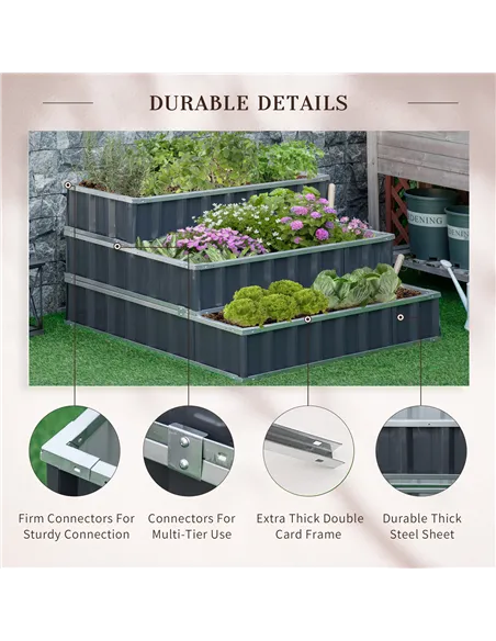 Outsunny 3 Tier Raised Garden Bed, Metal Elevated Planer Box Kit Flower Pot w/ A Pairs of Glove for Garden, Patio to Grow Vegeta