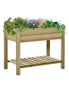 Outsunny Garden Wooden Planters， Raised Garden Bed with Legs and Storage Shelf Elevated Wooden Planter Box