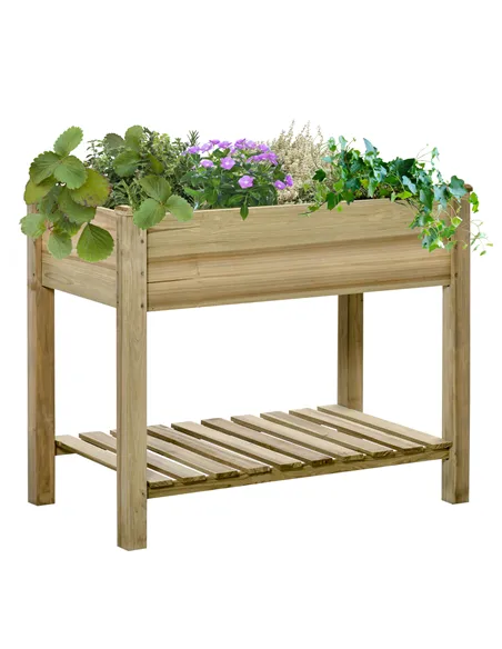 Outsunny Garden Wooden Planters， Raised Garden Bed with Legs and Storage Shelf Elevated Wooden Planter Box