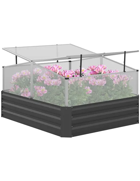 Outsunny Outsuuny Galvanised Raised Garden Bed, Outdoor Planter Box with Greenhouse and Cover for Vegetables, Flowers, Dark Grey