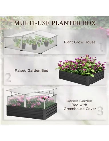 Outsunny Outsuuny Galvanised Raised Garden Bed, Outdoor Planter Box with Greenhouse and Cover for Vegetables, Flowers, Dark Grey