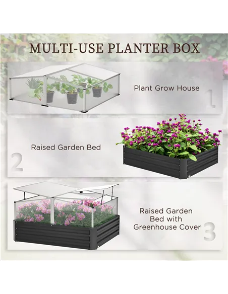 Outsunny Outsuuny Galvanised Raised Garden Bed, Outdoor Planter Box with Greenhouse and Cover for Vegetables, Flowers, Dark Grey