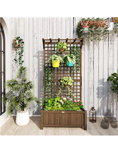 Outsunny Raised Bed with Drainage Holes, Wood Planter with Trellis for Climbing Plants to Grow Vegetables, Flowers, Brown